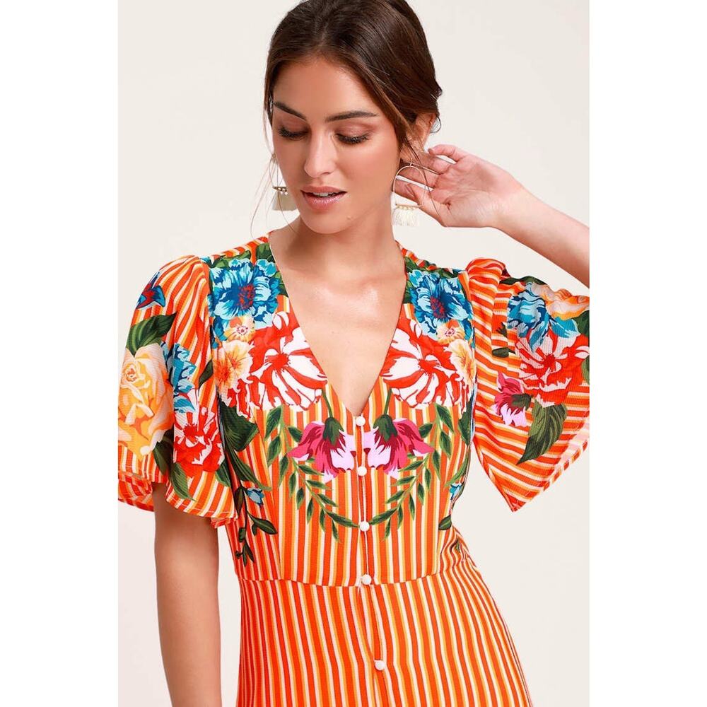 NWT Lulus Roam The Riviera Orange Floral Striped Button Up Maxi Dress M - Picture 4 of 7